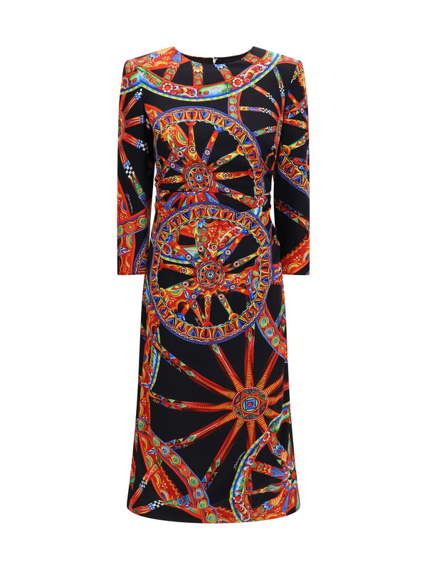 Carretto Print Charmeuse Dress Ruote Fnero Silk; Elastane