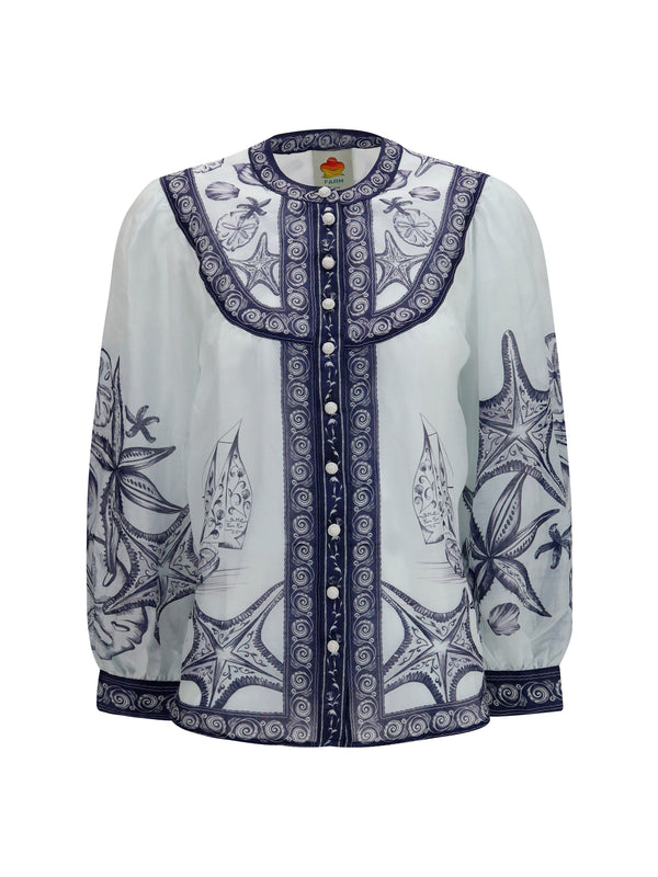 Blouse Seaside Print Off-White Coast Scarf Ramie Shirt