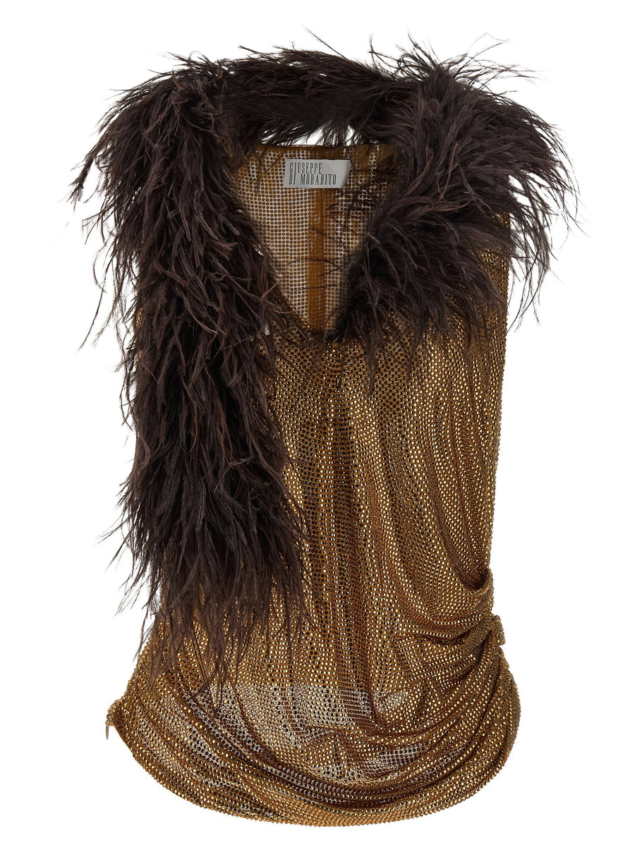Giuseppe Di Morabito Feather-Trimmed Mesh Tank Top — Gold