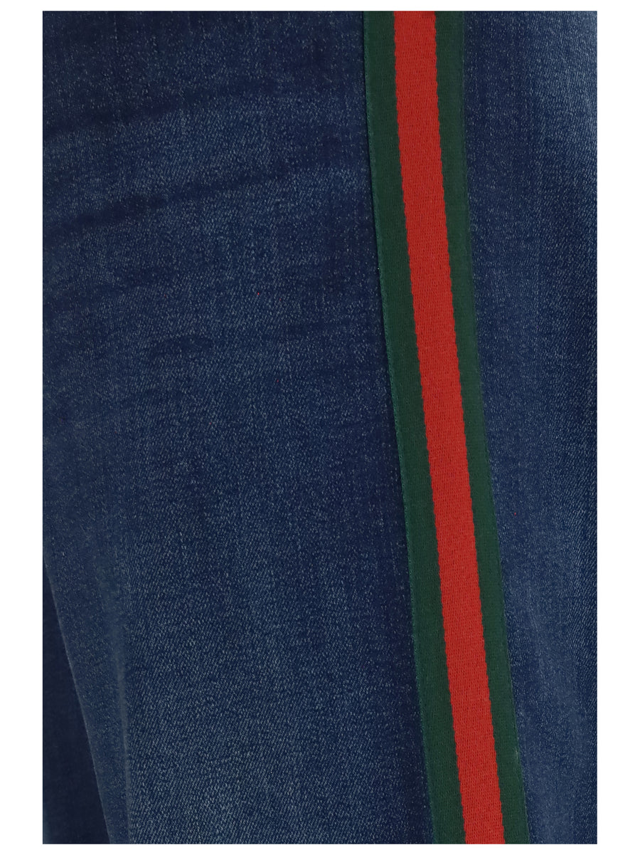 Jeans With Web Stripe - Blue Cotton Trousers