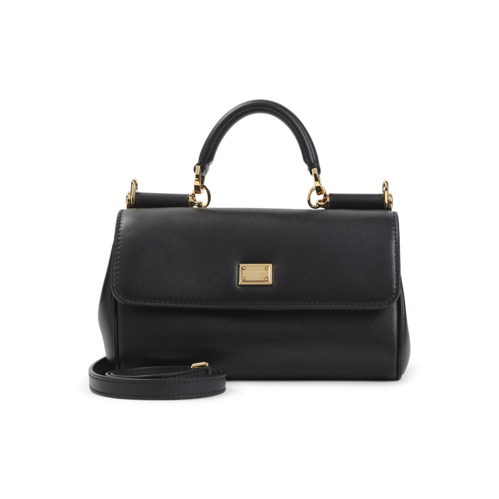 Top Handle Bag Black Calf Leather Pvc