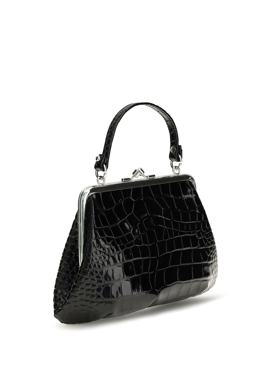 Handbag Granny Frame Crocodile Effect Black Calf Leather Shoulder Bags