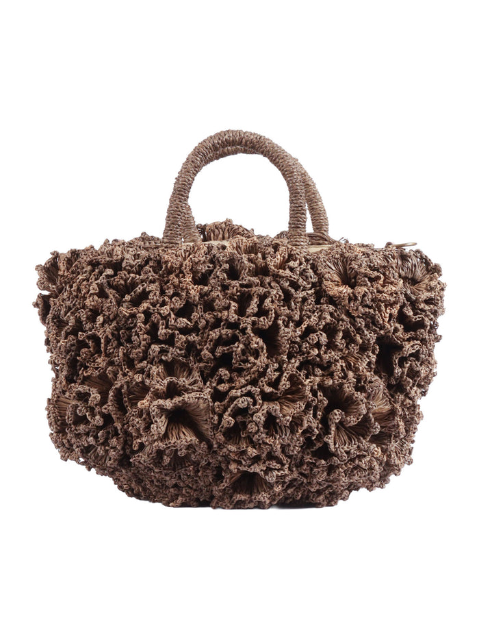 Bag - Coral Dark Tea Brown Raphia Fabric 2 Leather