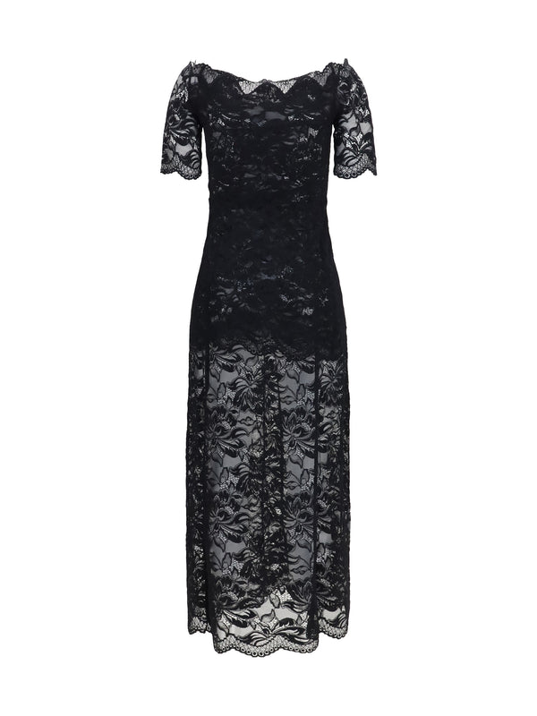 Long Dress Floral Lace Black Polyamide