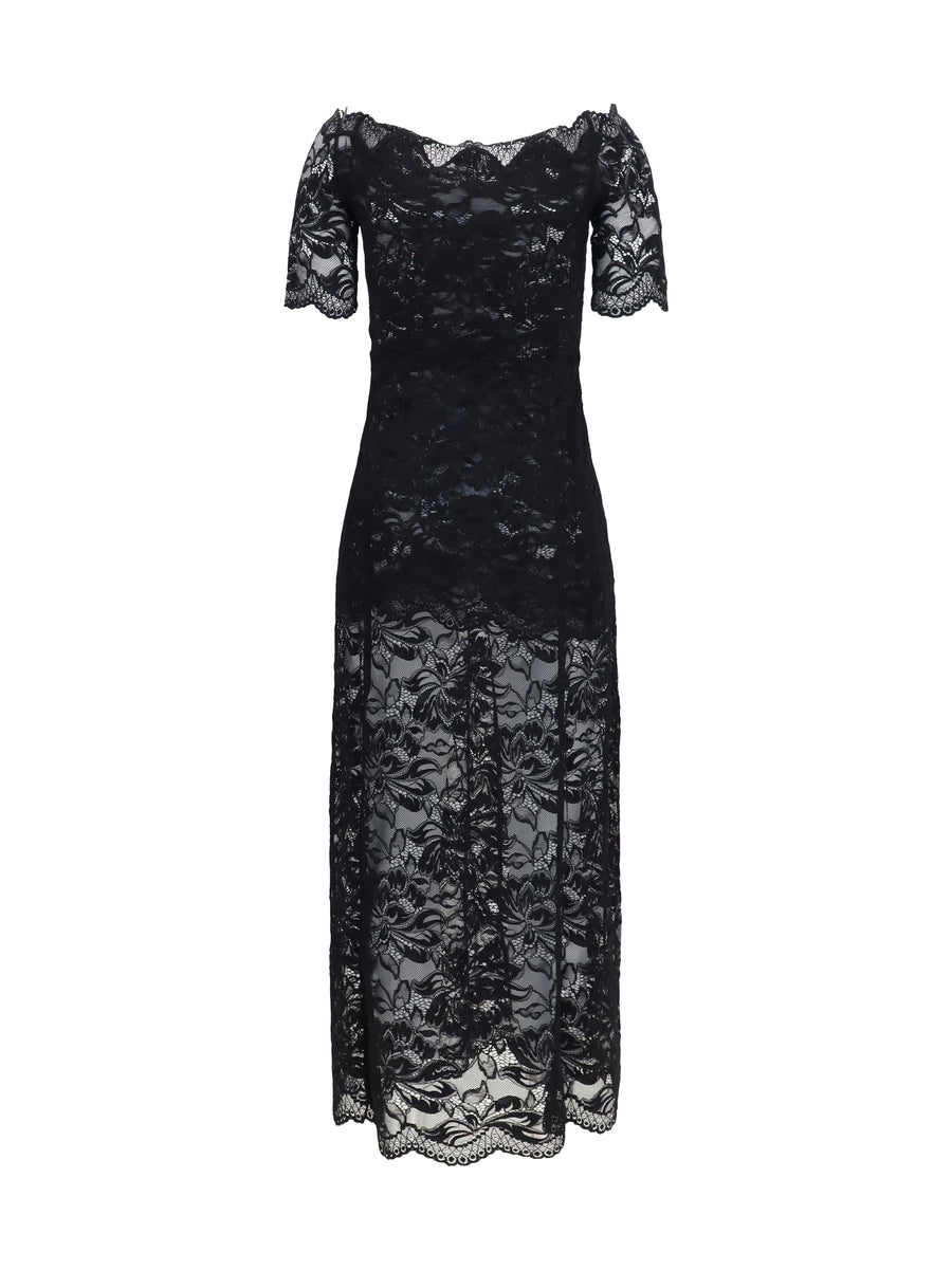 Long Dress Floral Lace Black Polyamide