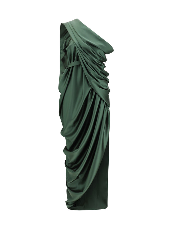 Midi Dress Draped Green Satin Polyester