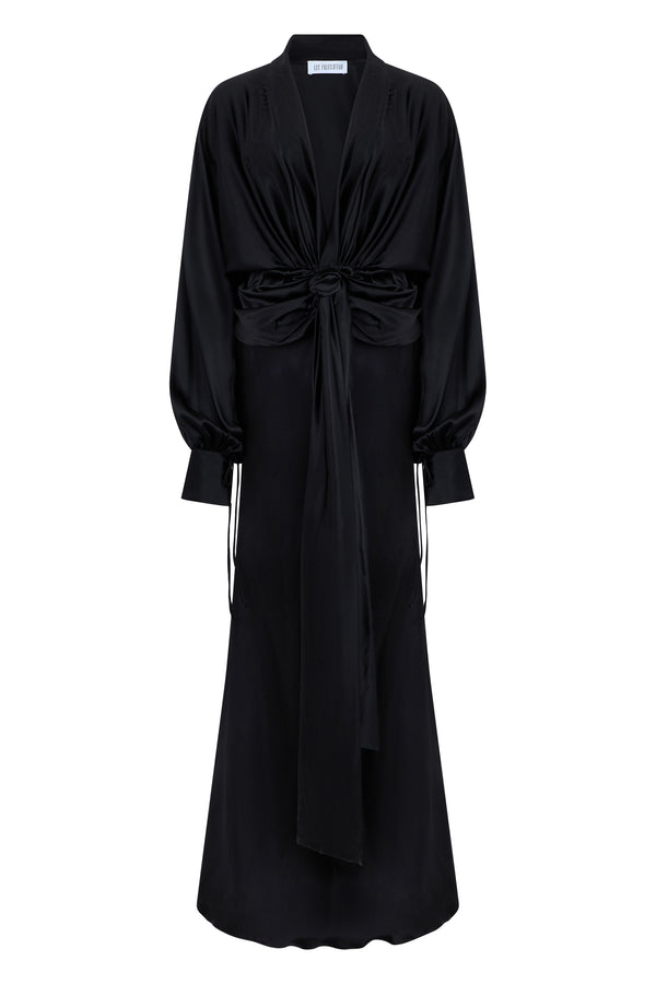 Long Draped Satin Dress Dark Black Viscose
