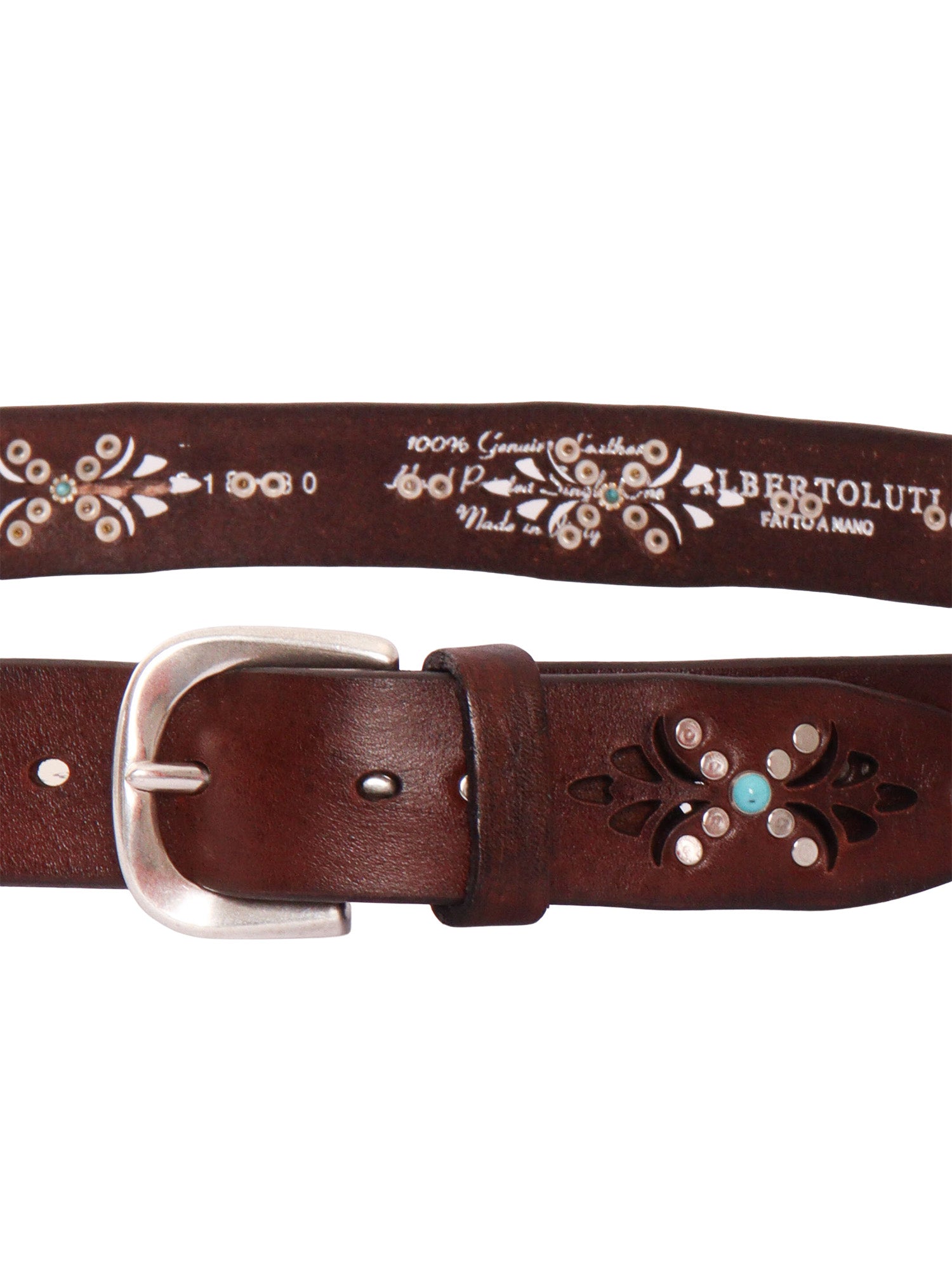 Garment-dyed belt with laser-cut detailing and studs Brown Leather