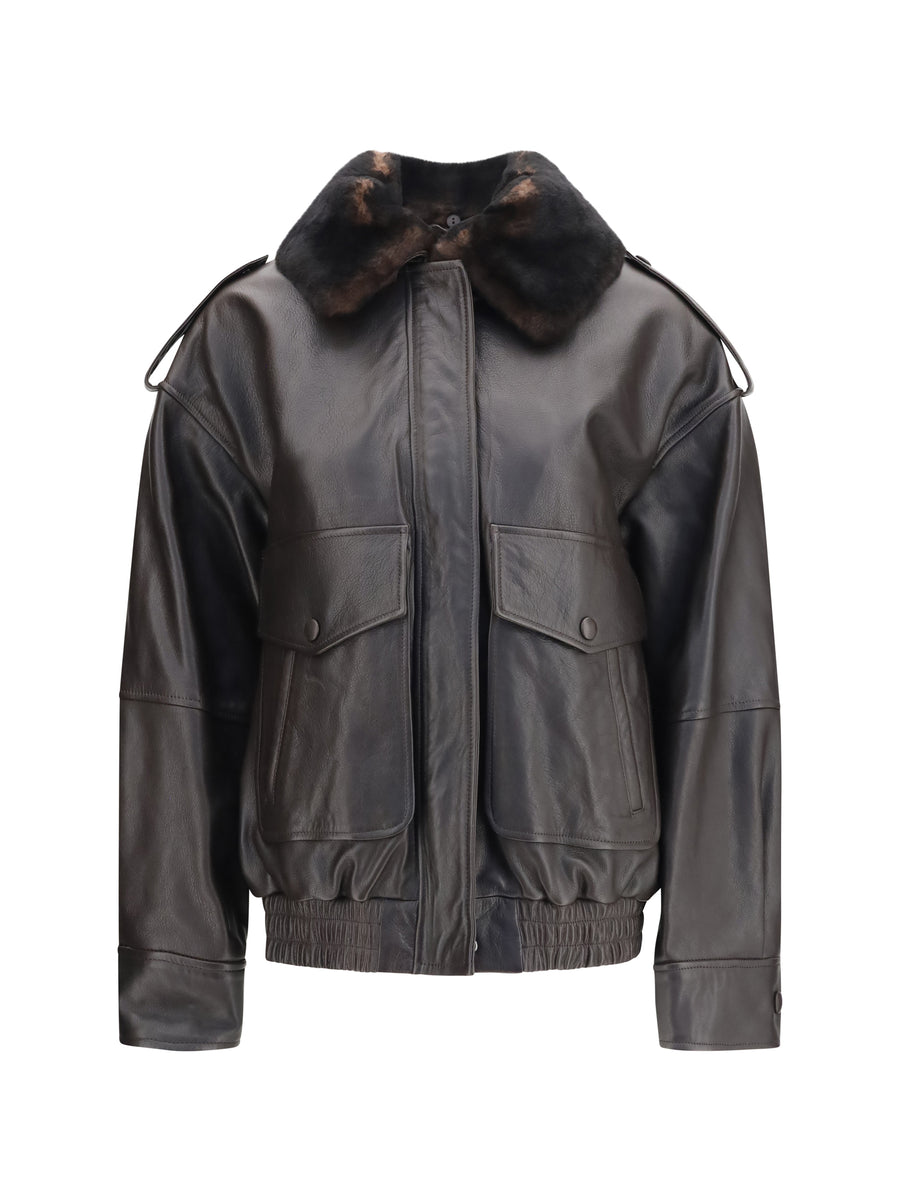 Russo Leather Bomber With Shearling Collar Coffee/dark Brown Calf Bos Taurus Jacket