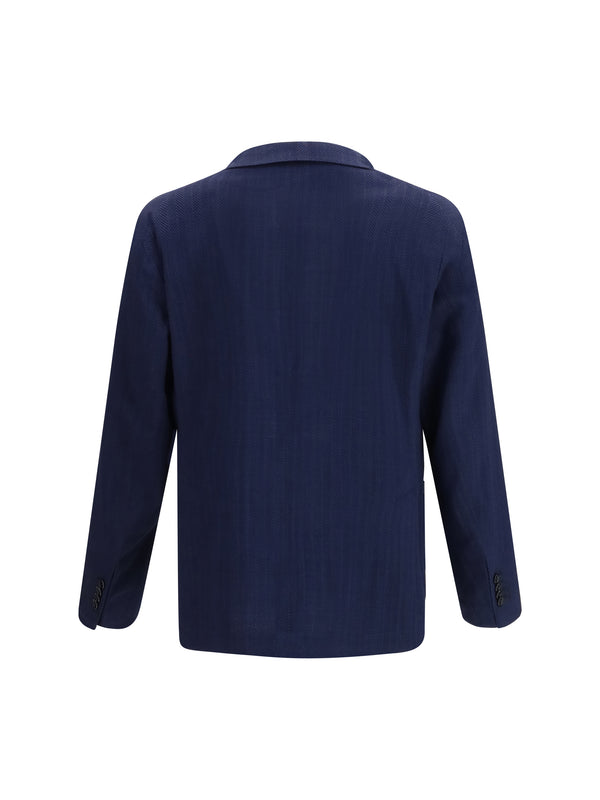 Single-Breasted Jacket Herringbone Blue Fleece Wool (ovis Aries)