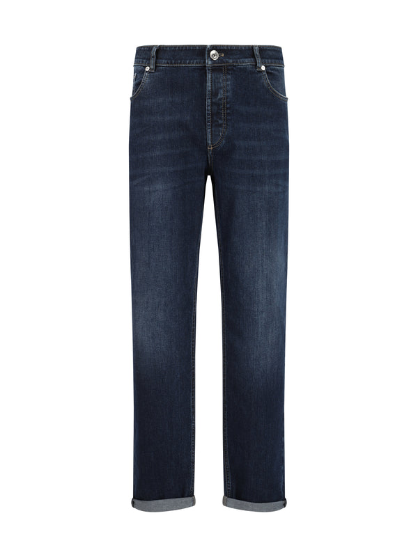 Straight Cotton Jeans With Five-Pocket Design Denim Scuro