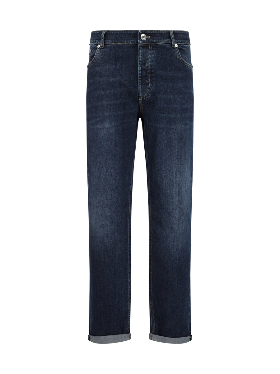 Straight Cotton Jeans With Five-Pocket Design Denim Scuro