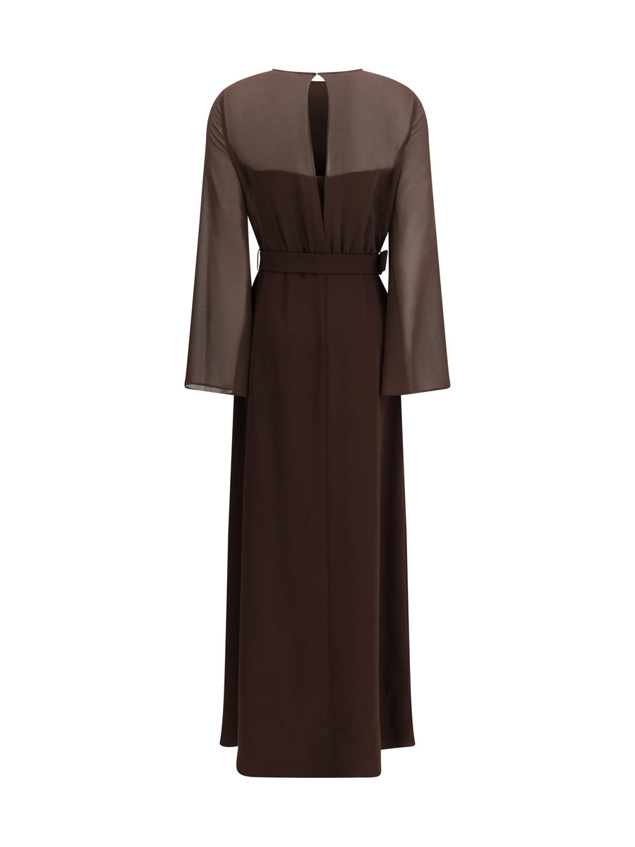 Long Belted Dress Brown Polyester