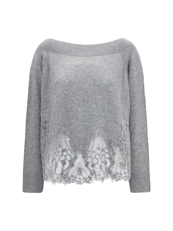 Boat Neck Lace Sweater Grigio Kashmir/capra Hircus