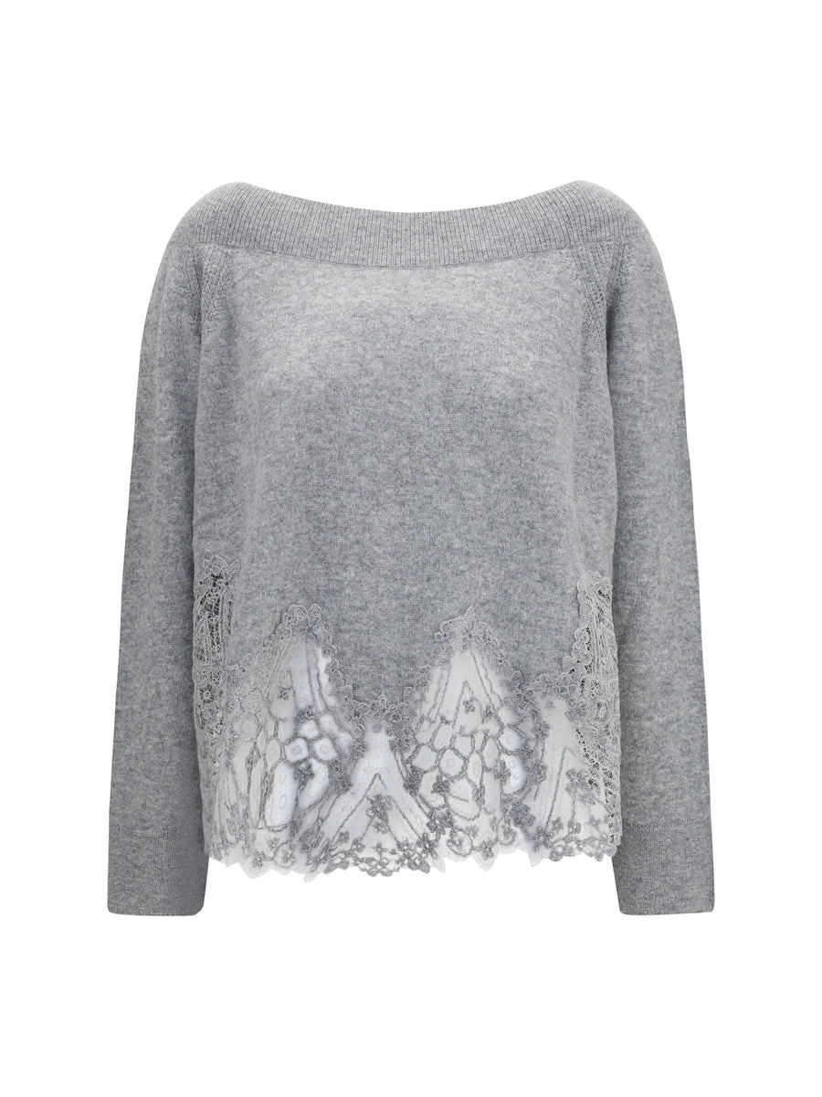 Boat Neck Lace Sweater Grigio Kashmir/capra Hircus