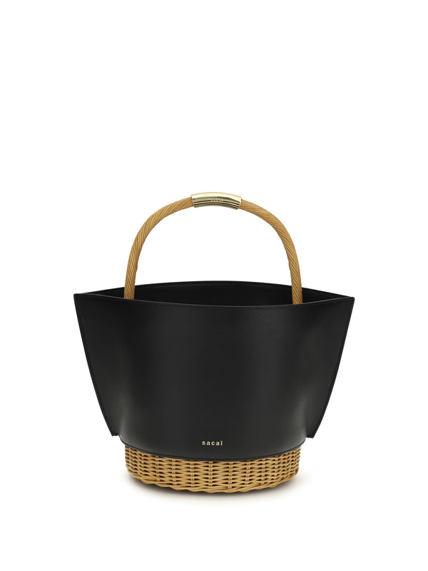 Handbag Leather And Rattan Black Calf Shoulder Bags