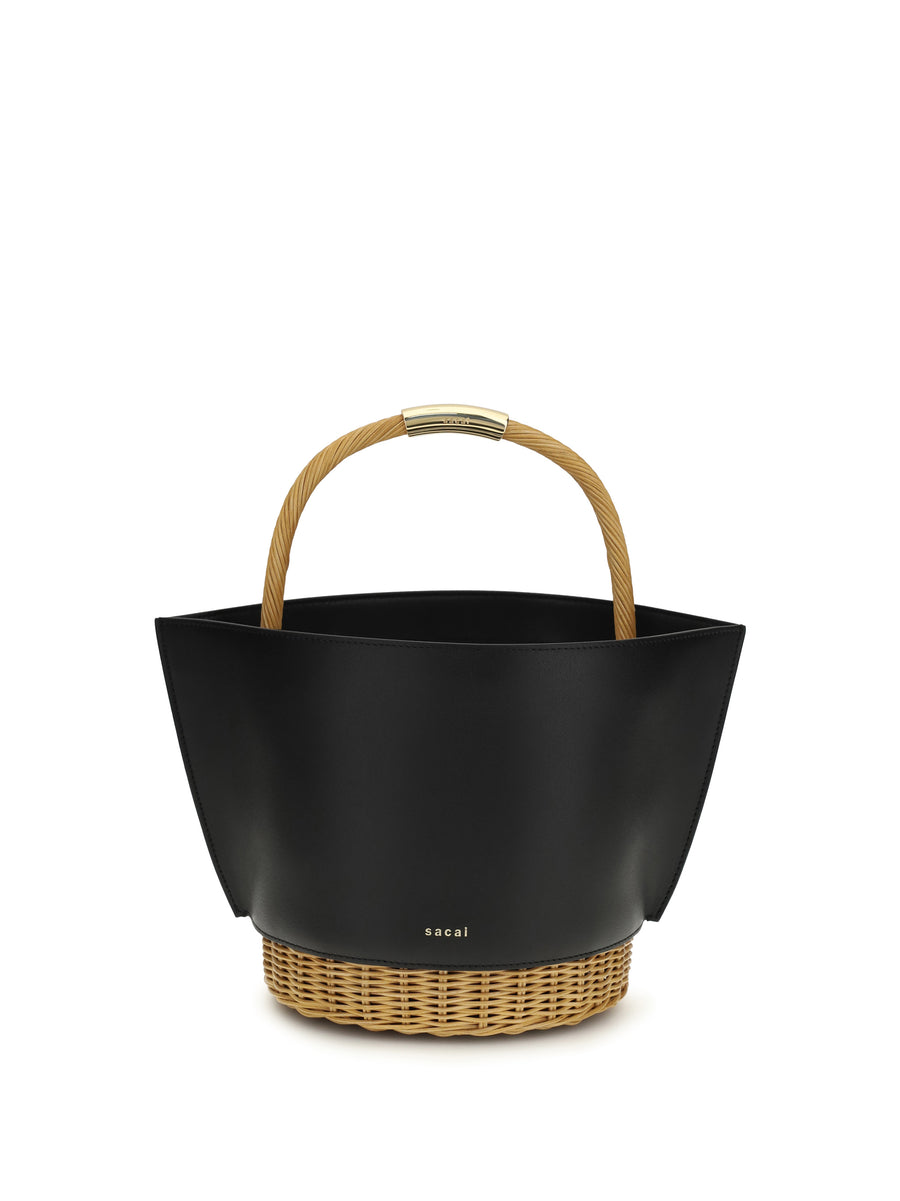Handbag Leather And Rattan Black Calf Shoulder Bags