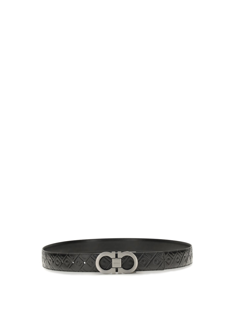 Leather Belt Gancini Reversible Black Calf