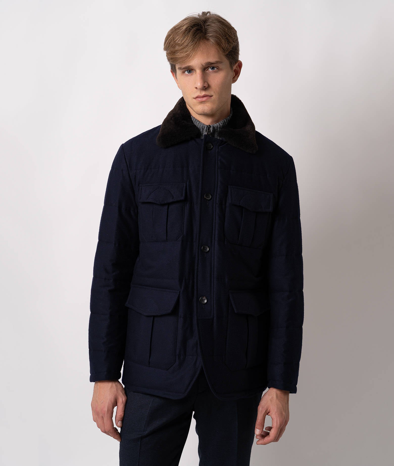 Cashmere Quilted Jacket Ortles Blue Sportwear Short Coat