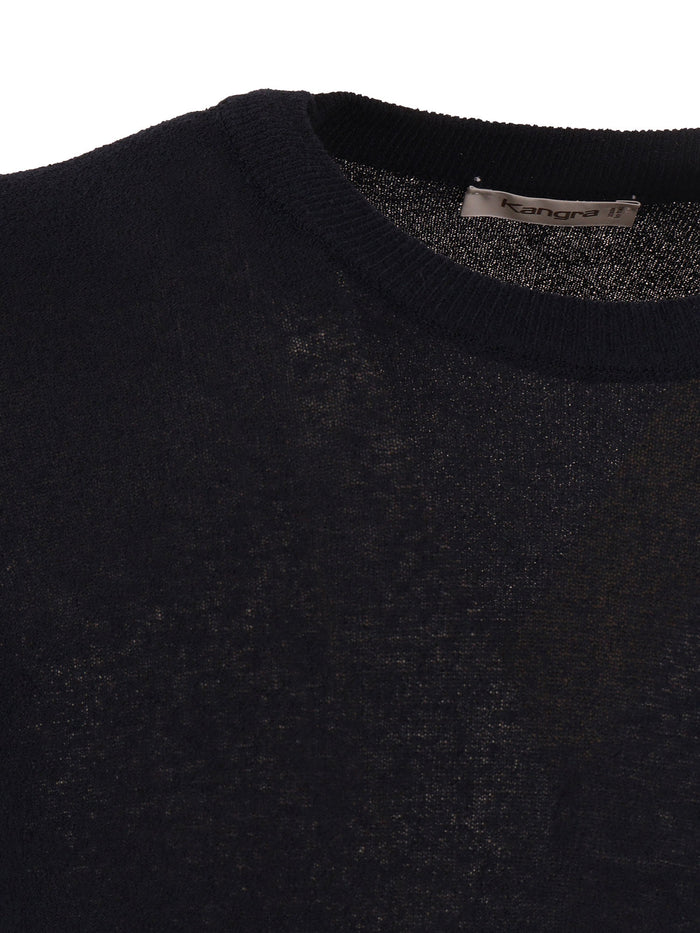 Short-Sleeved Fully-Fashioned Crew Neck Sweater Blue Cotton Polyamide Crewneck