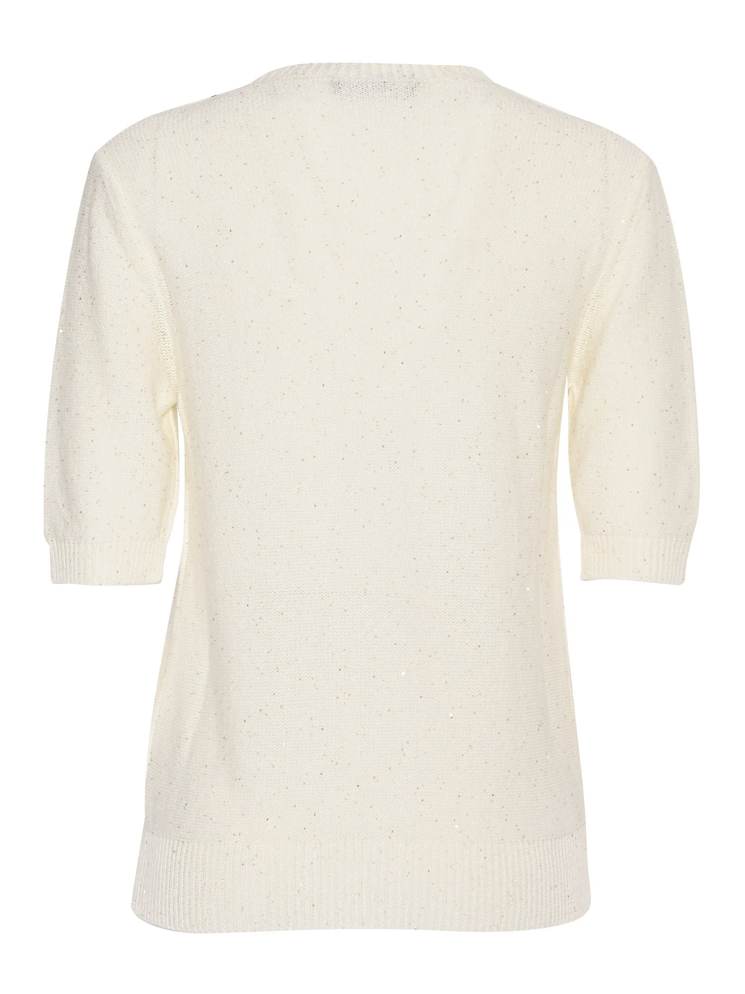 SEQUIN SHORT SLEEVE CREW NECK SWEATER White Cotton Linen Polyester Crewneck