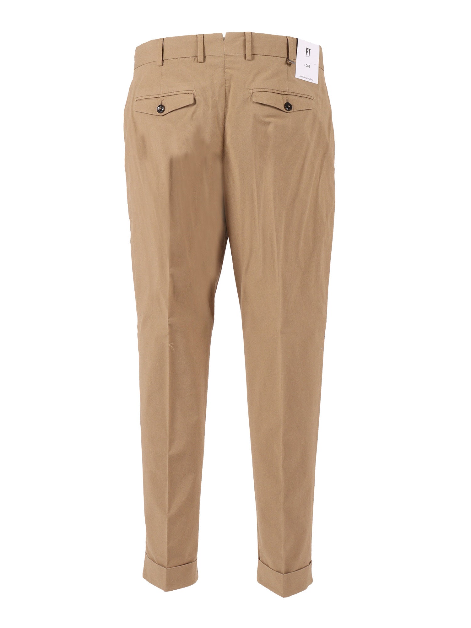 REBEL 1 Pleat, Diagonal Pockets, Flap Back Turn-Up Beige Cotton Elastane Pant