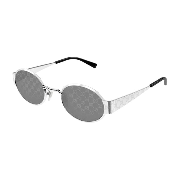 Gucci Sunglasses Oval Full Rim, Shiny Silver With Gg Pathern Frame And Grey Pattern Mirror Lens Gg1854s002 One Color
