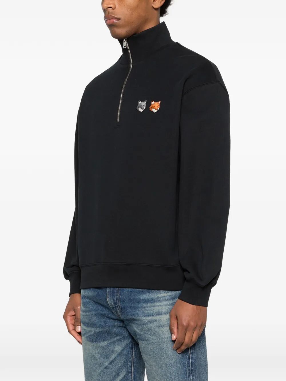 Double Fox Head Half Zip Comfort Sweatshirt Grey Organic Cotton