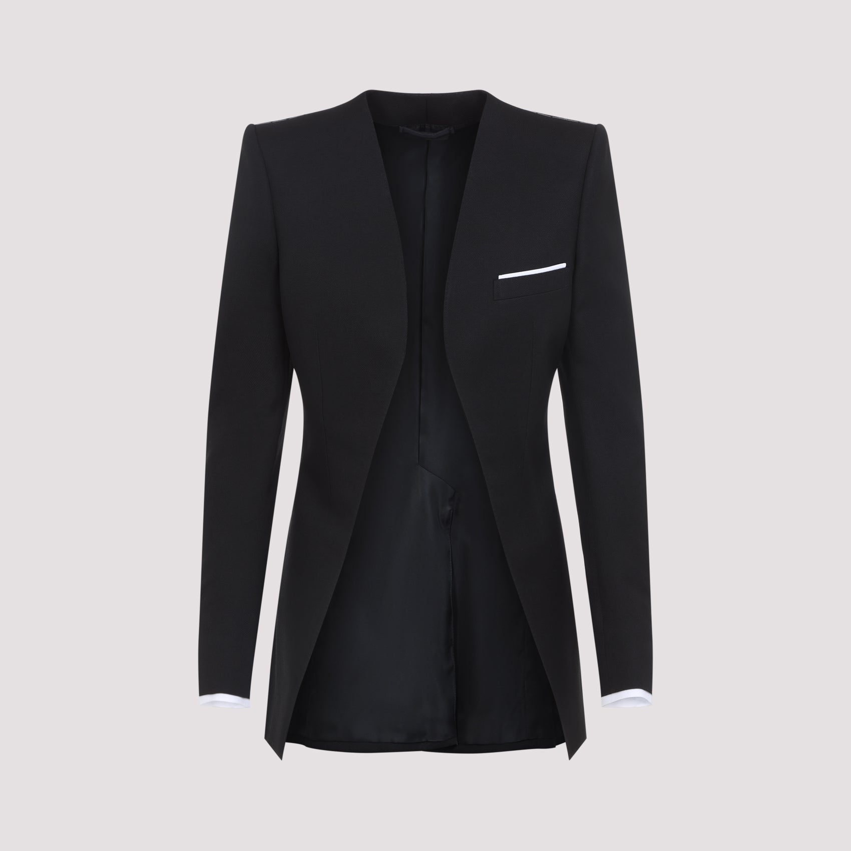 Collarless Jacket Black Wool Silk Mulberry