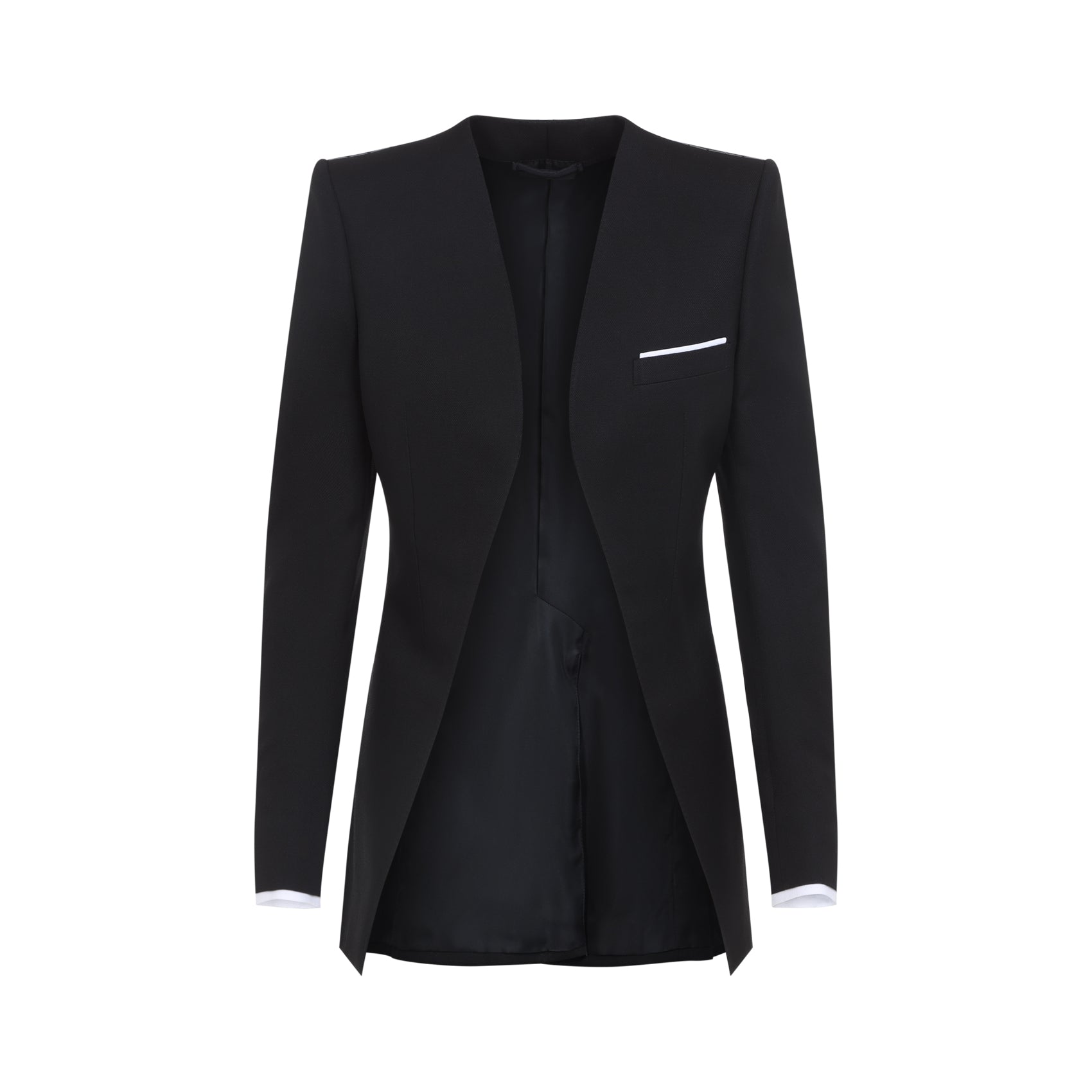 Collarless Jacket Black Wool Silk Mulberry