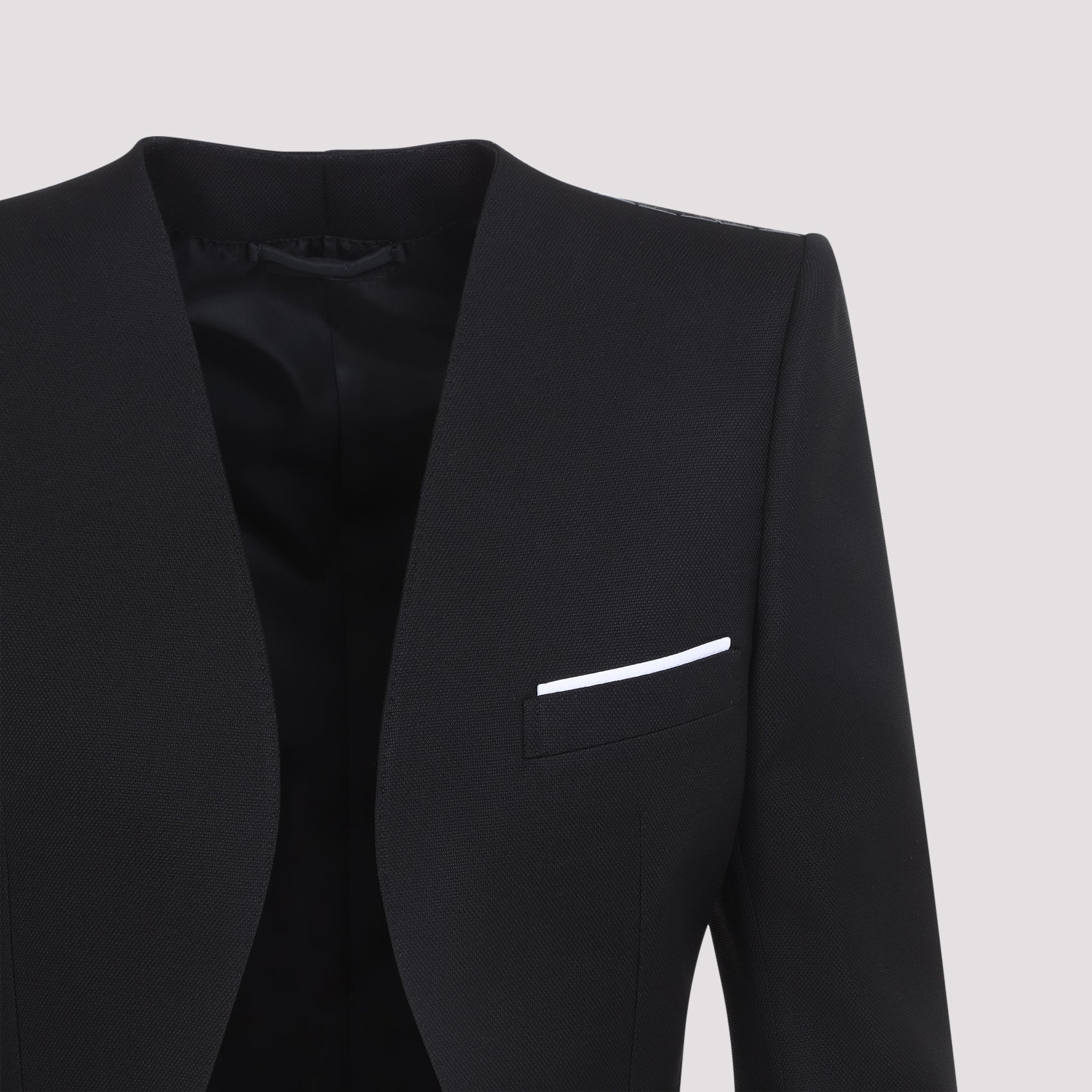 Collarless Jacket Black Wool Silk Mulberry