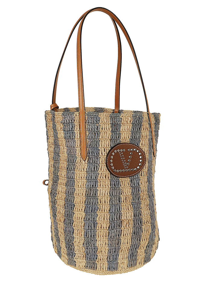 Bucket Bag | Vlogo Signature Crochet Rafia Stripes-Vac.liscia-Vit.st. Nude & Neutrals Borsa