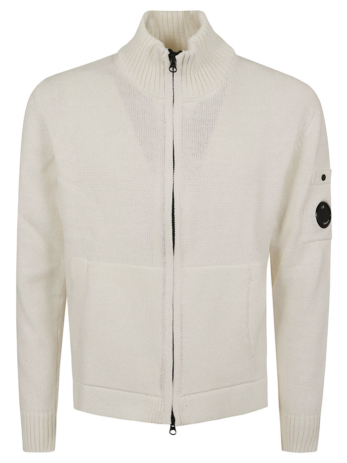 Compact Cotton Zipped Cardigan White Maglia