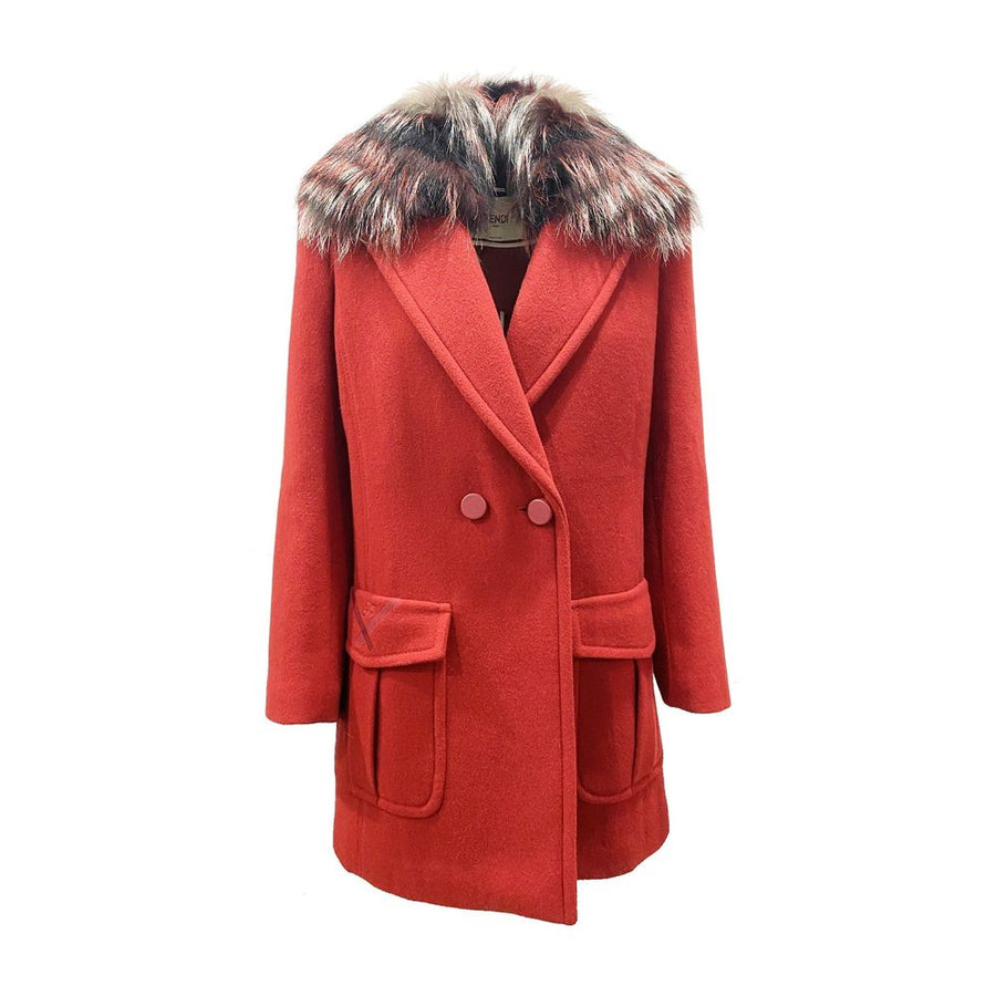 Fendi 100% virgin wool; removable fox fur collar coat in red
