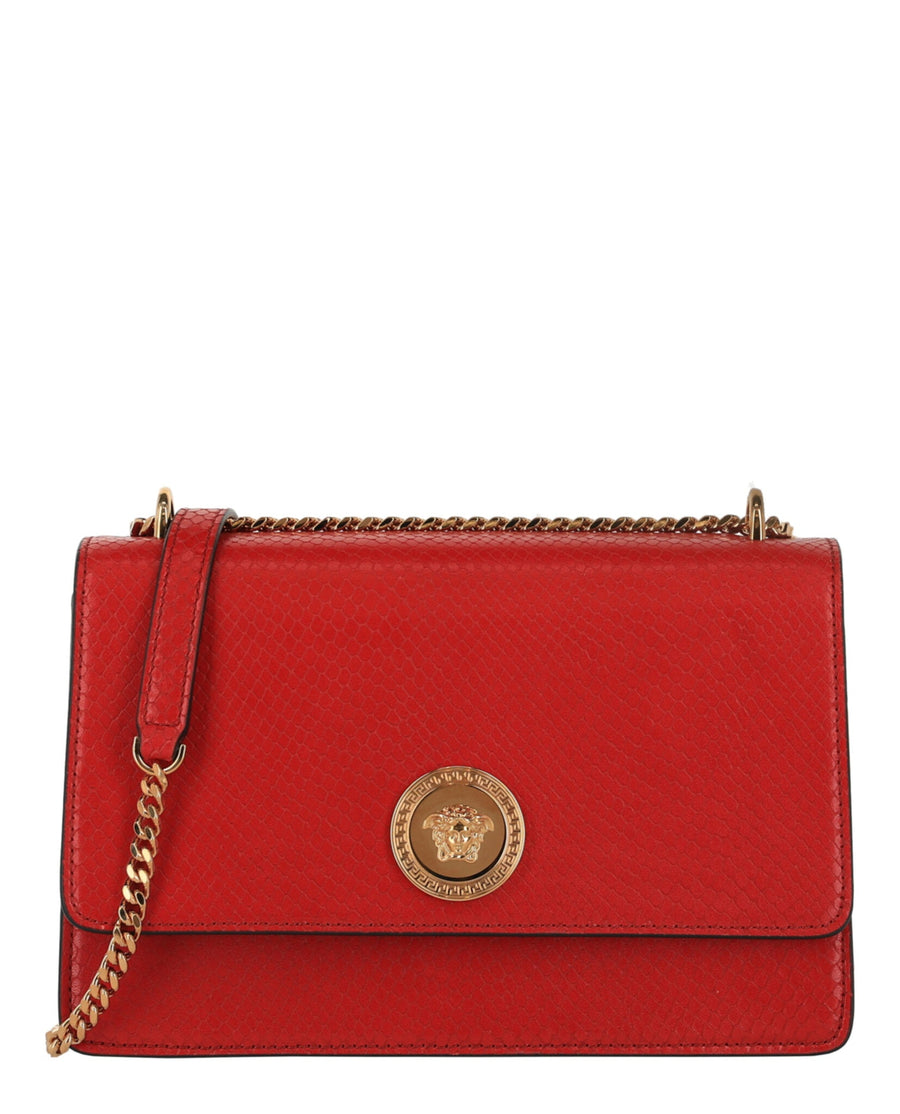 Versace Snake-embossed calf leather shoulder bag in red