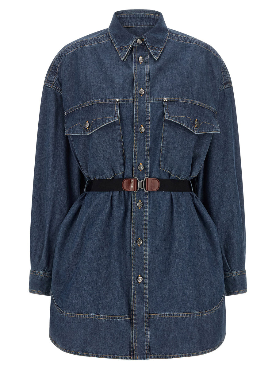 Versace Chambray Denim with Medusa Buttons Dress — Blue