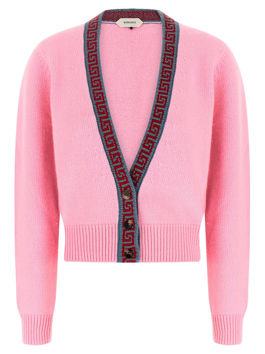 Versace Greek-Motif Jacquard Trim Cardigan — Pink