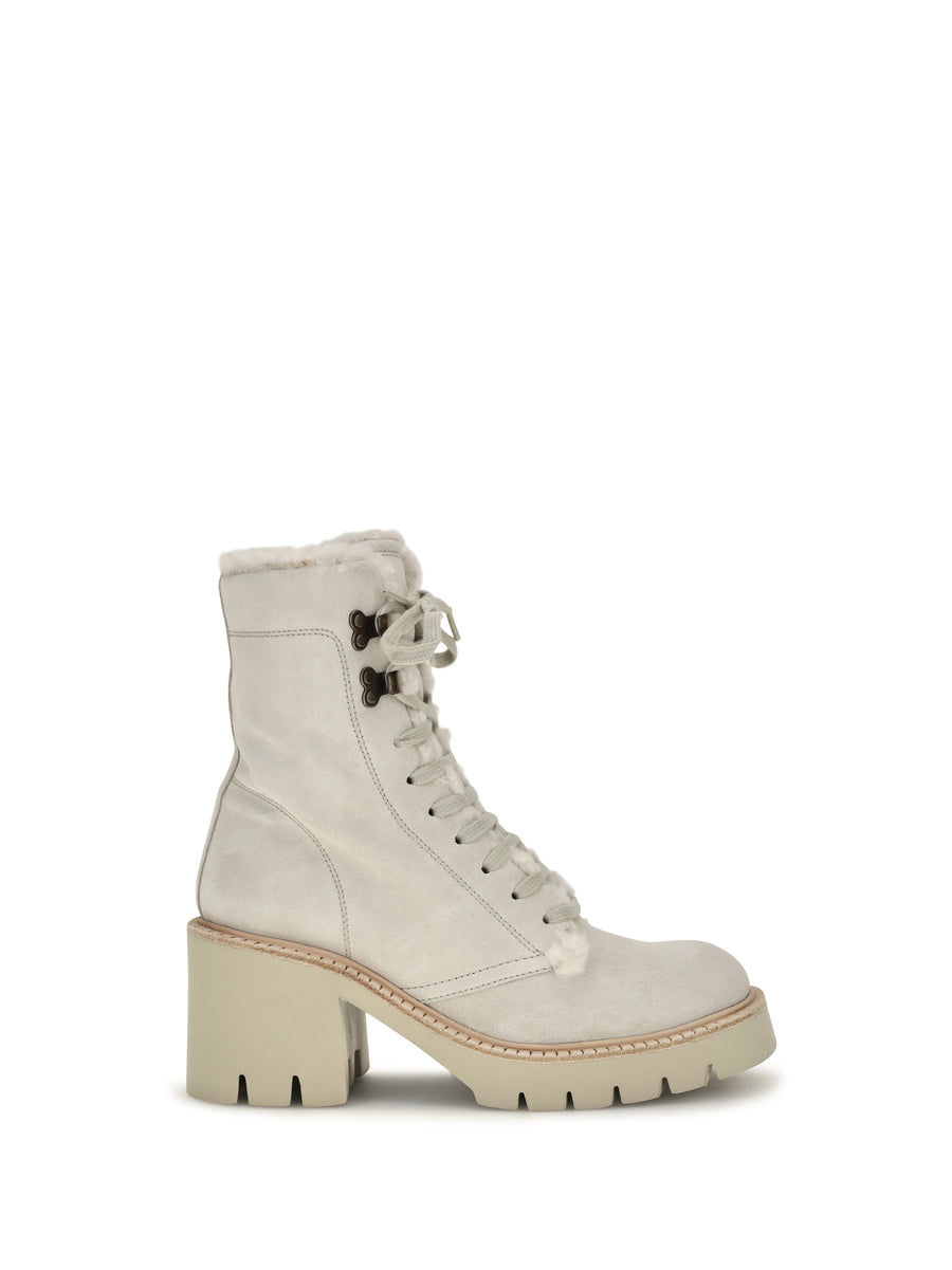 Zineta Suede Lace-Up Ankle Boots Nacre Velour