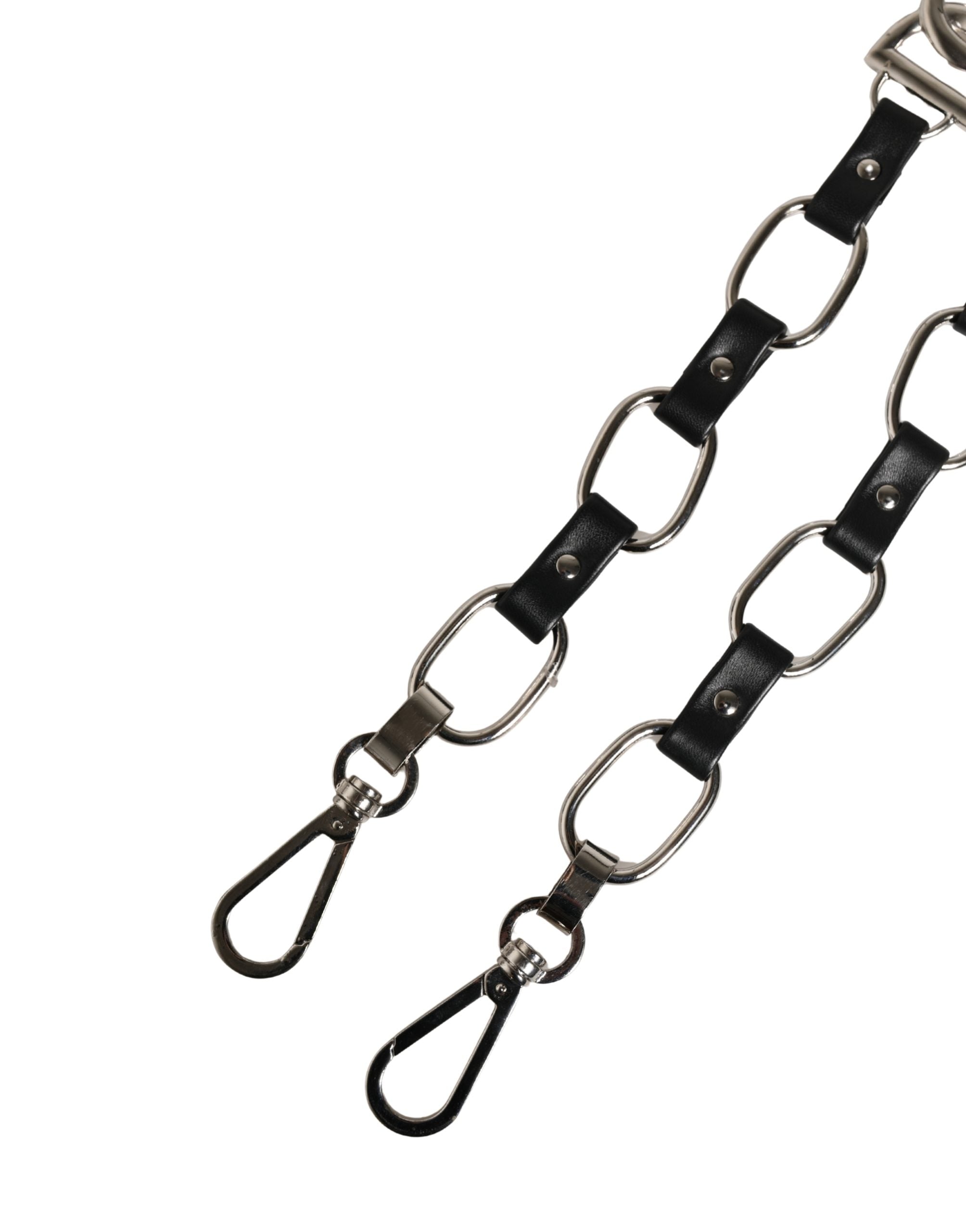 Black Leather Silver Chain Bag Accessory Shoulder Strap Lamb Zamak Real Brass 10lf