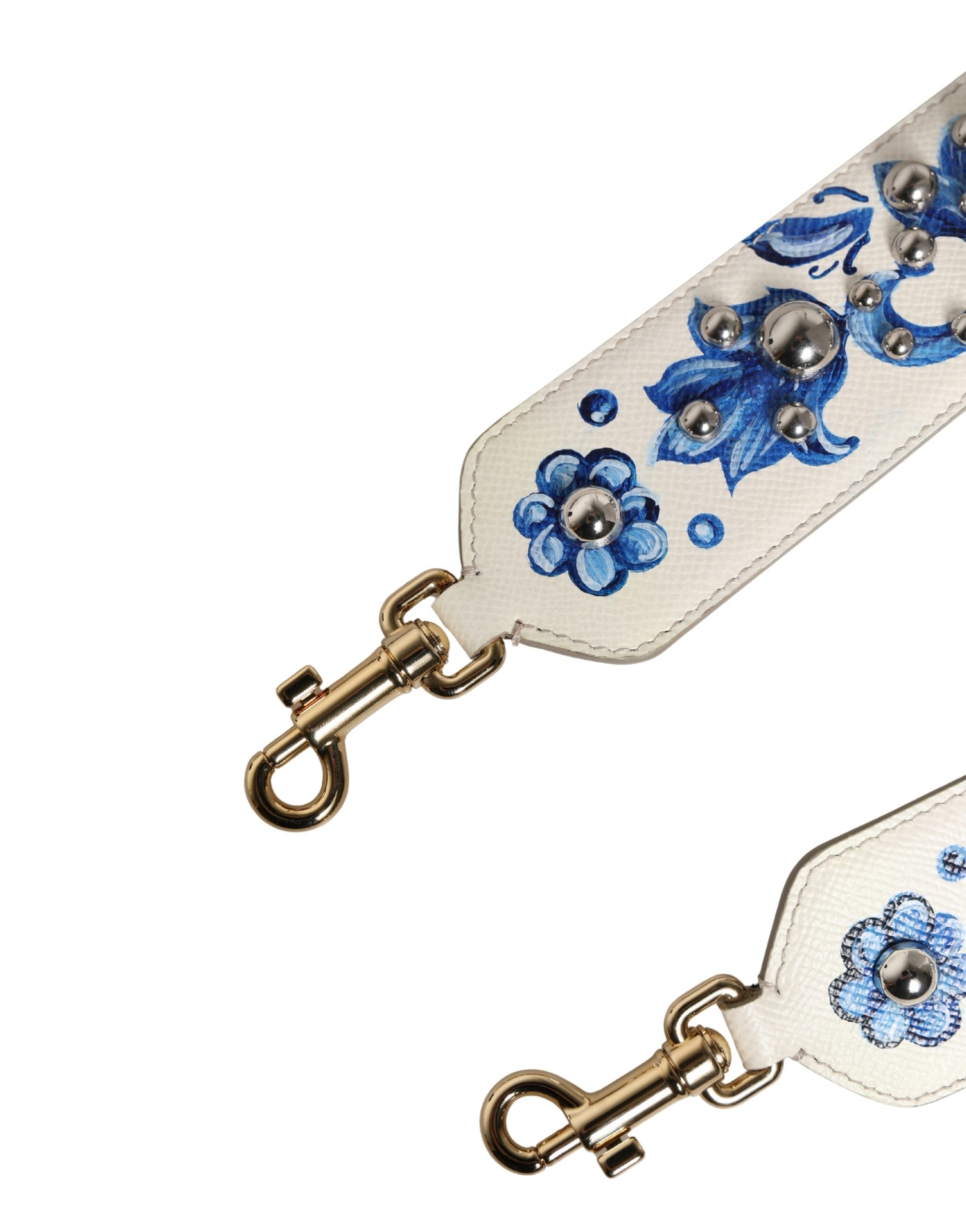 White Blue Floral Leather Stud Accessory Shoulder Strap Calf