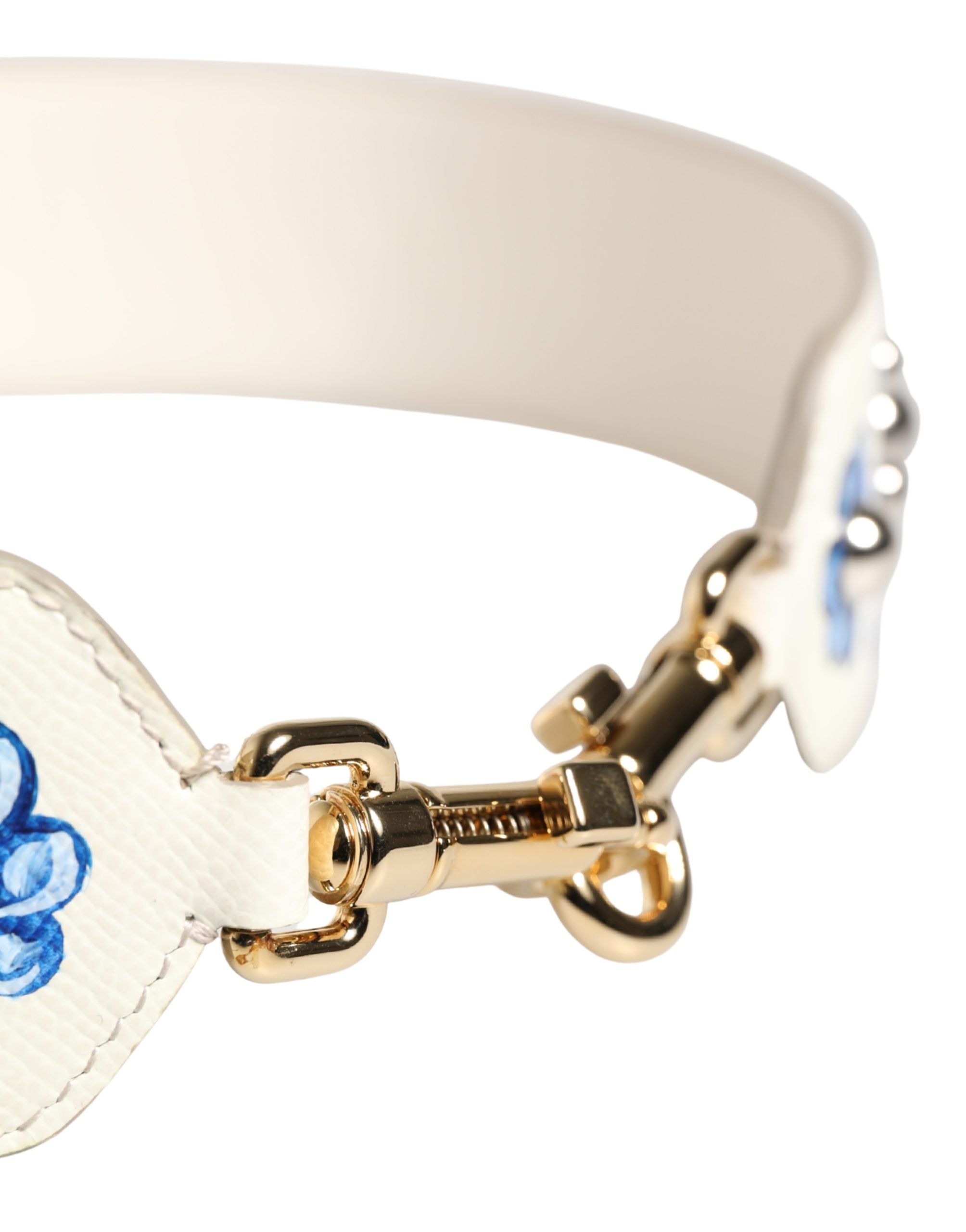 White Blue Floral Leather Stud Accessory Shoulder Strap Calf