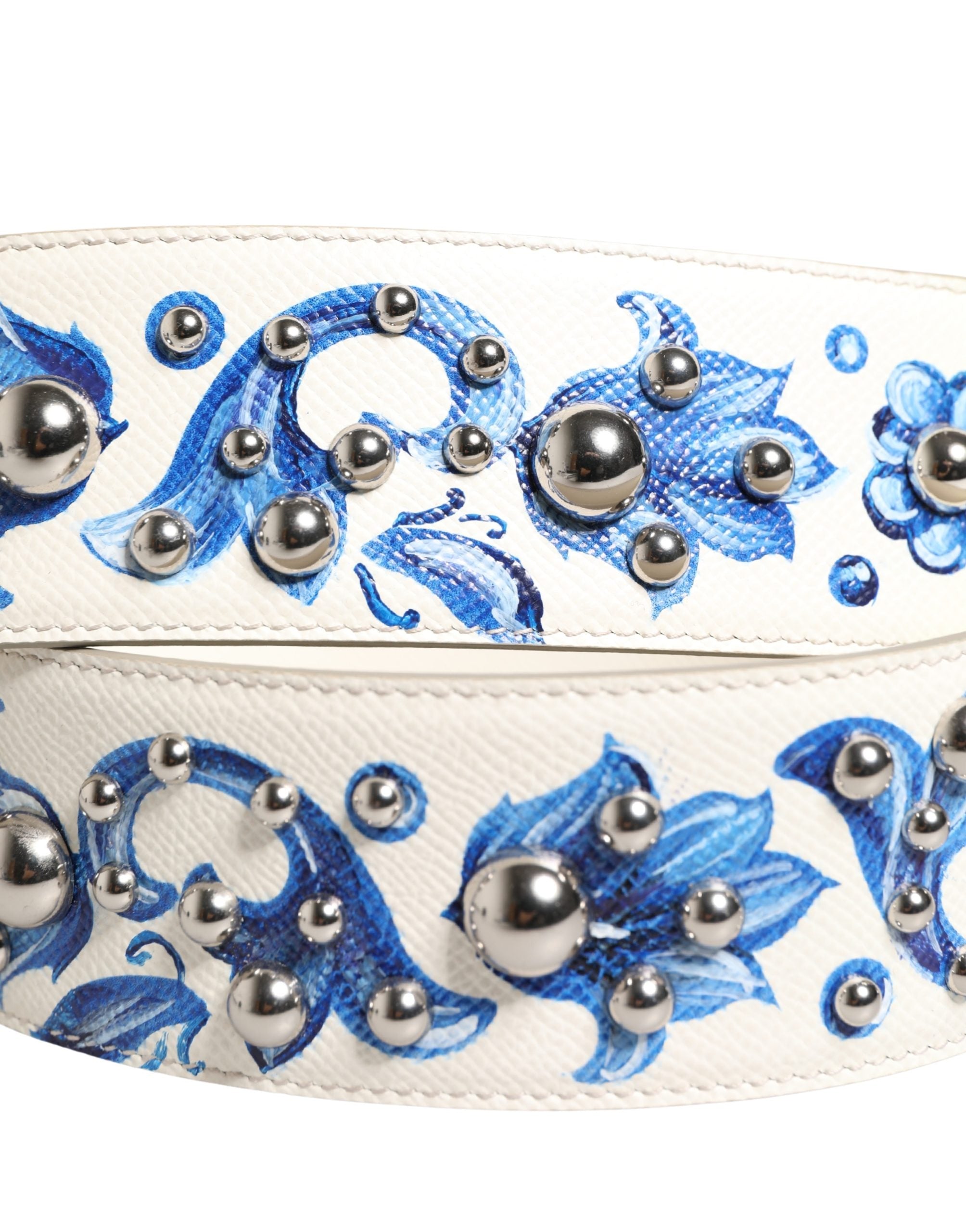 White Blue Floral Leather Stud Accessory Shoulder Strap Calf