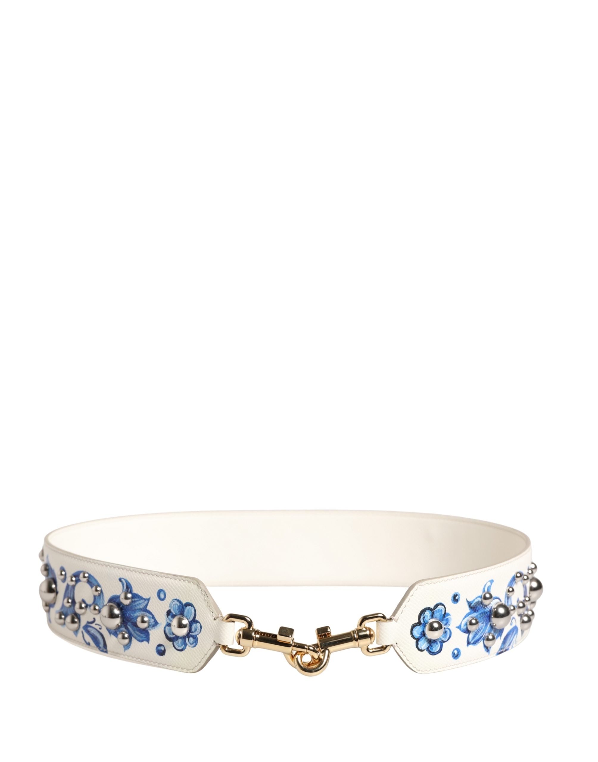 White Blue Floral Leather Stud Accessory Shoulder Strap Calf