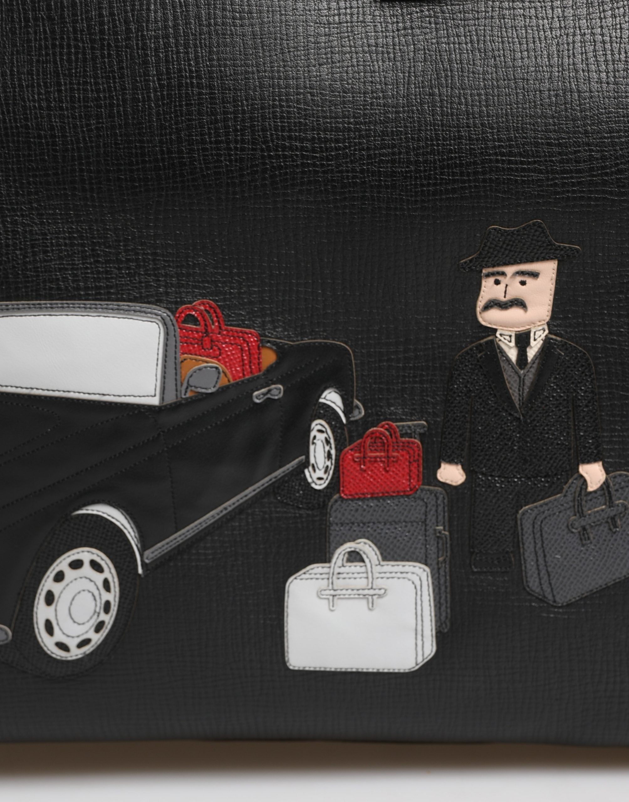 Black Car Man Applique Leather Weekender Borse Bag Calf Accessory