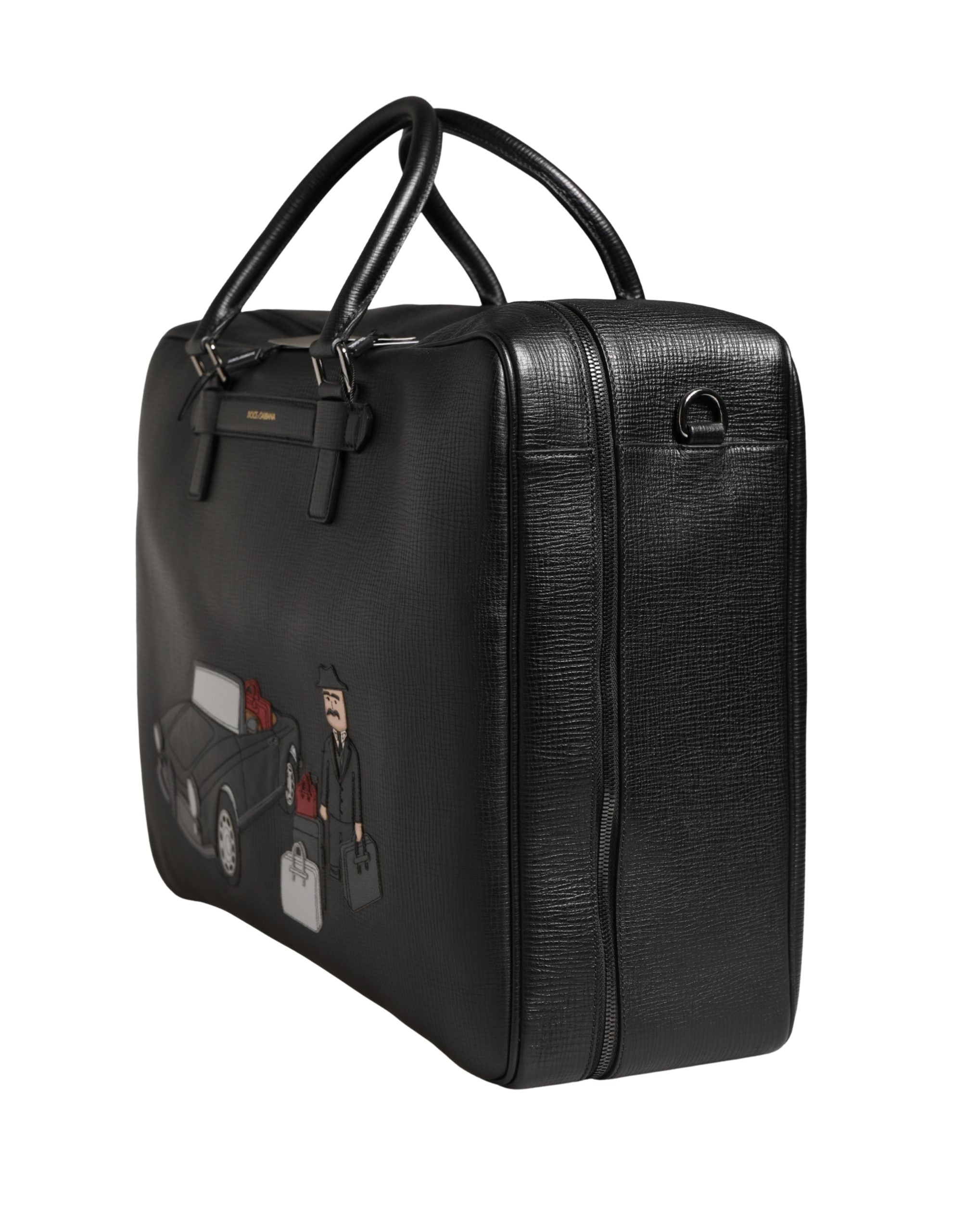 Black Car Man Applique Leather Weekender Borse Bag Calf Accessory