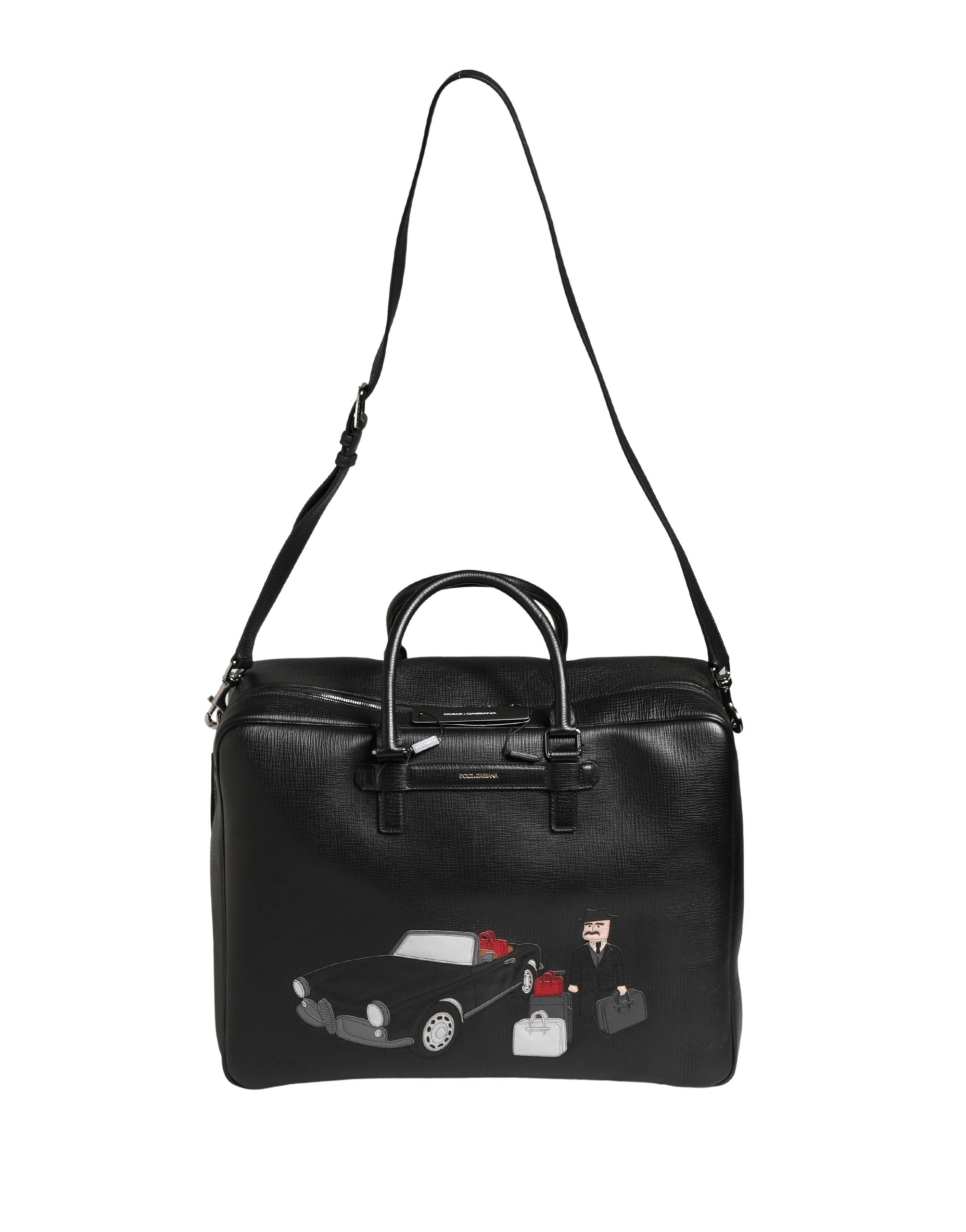 Black Car Man Applique Leather Weekender Borse Bag Calf Accessory