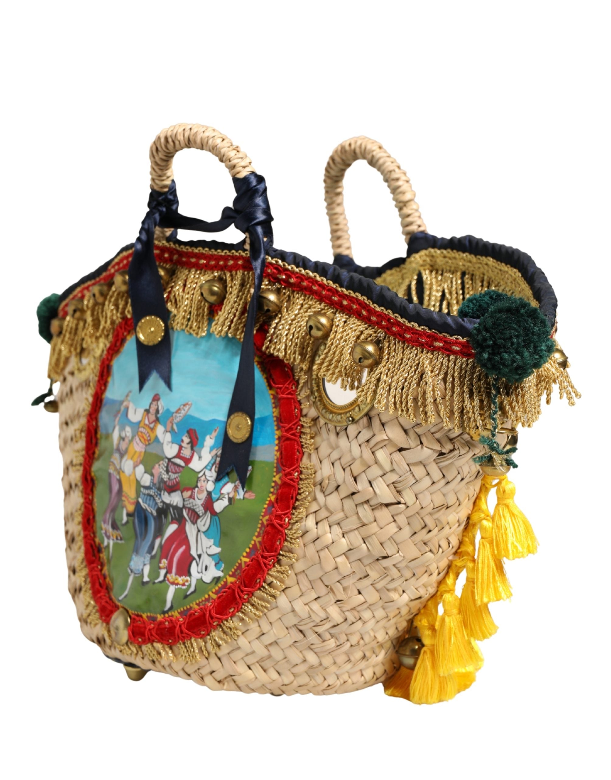 Multicolor Woven Straw Basket Embellished Sicily Bag Accessory