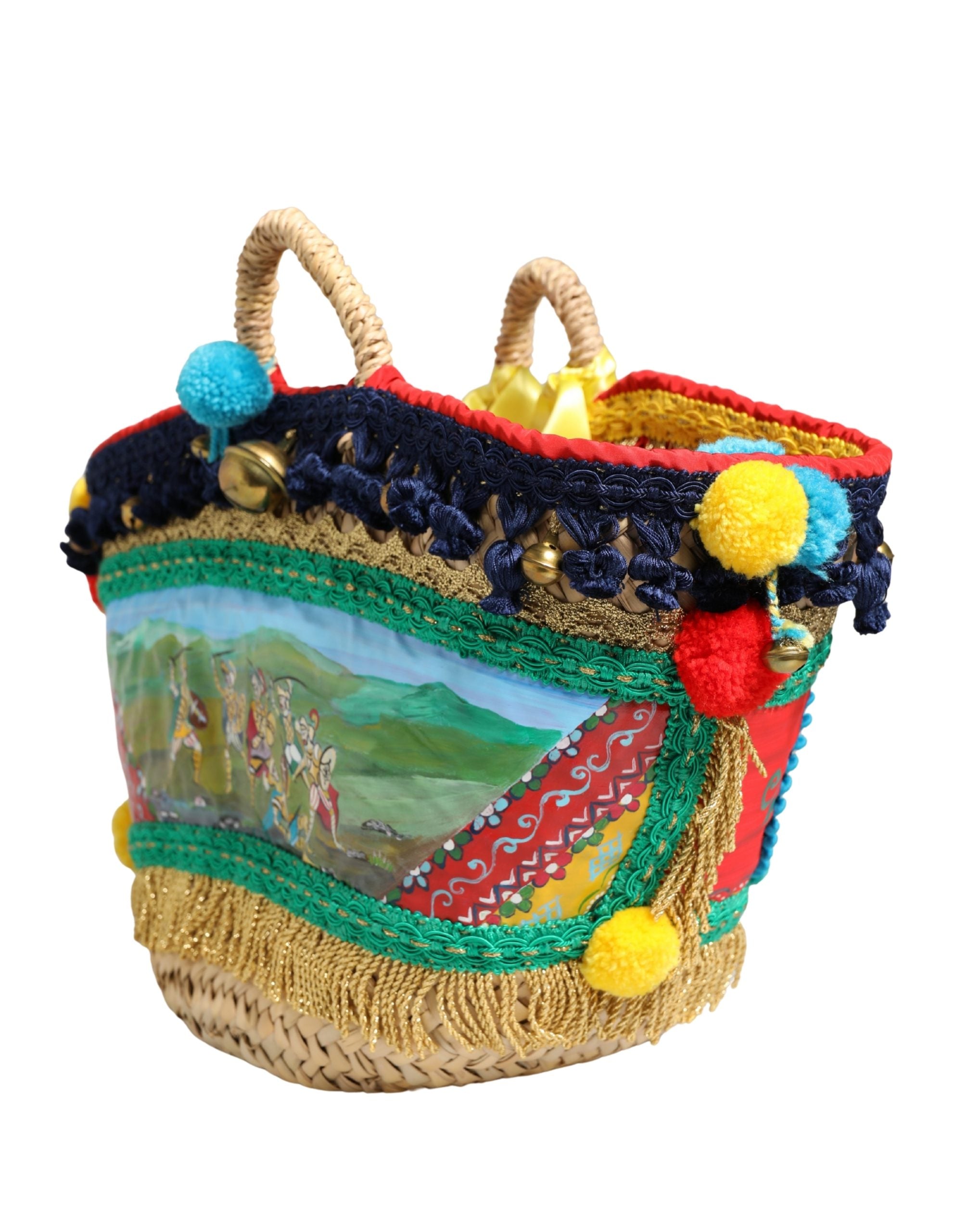 Multicolor Woven Straw Basket Embellished Sicily Bag Accessory
