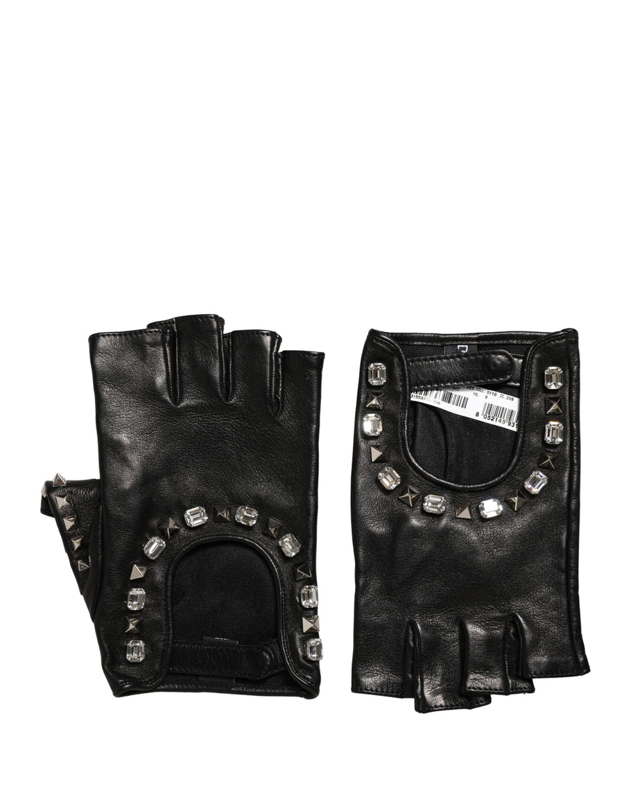 Black Embellished Wrist Length Mitten Women Gloves Genuine Leather