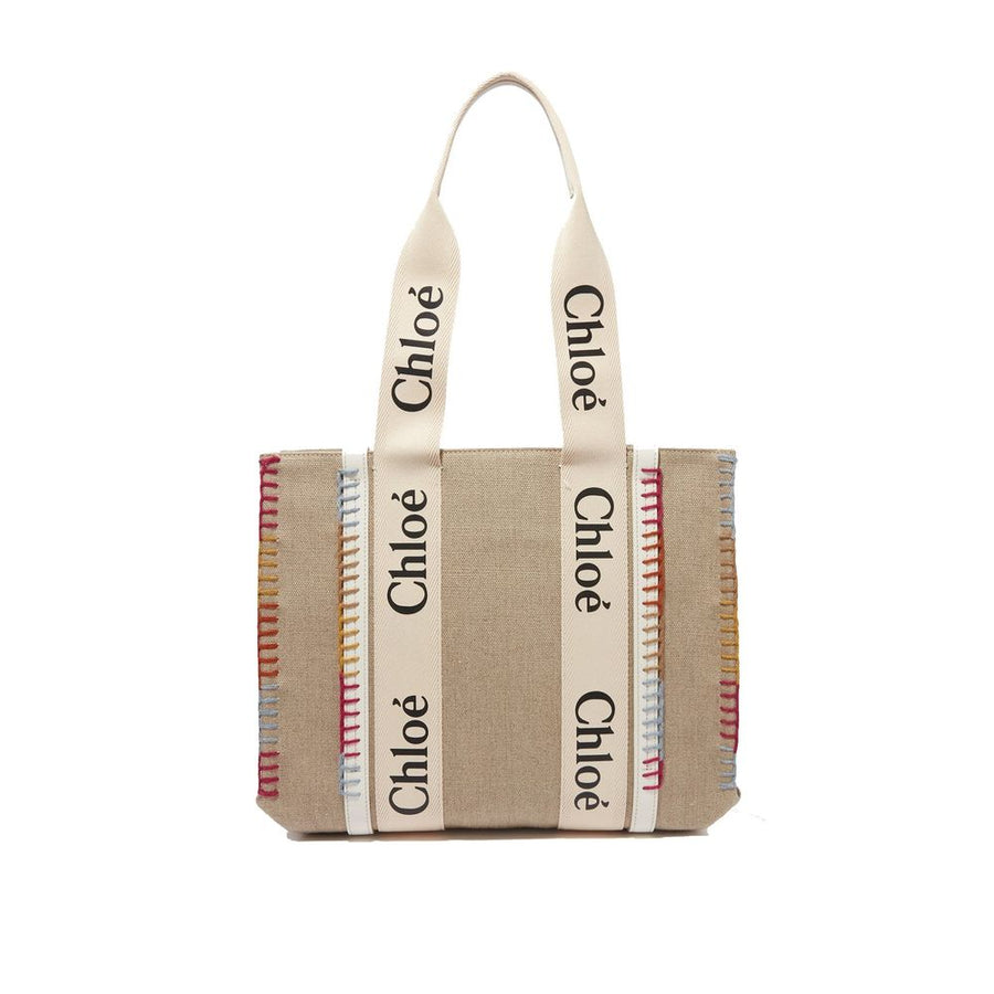 Chloé 100% Linen; cotton canvas lining; calfskin trims; eco-conscious recycled wool tote bag in beige